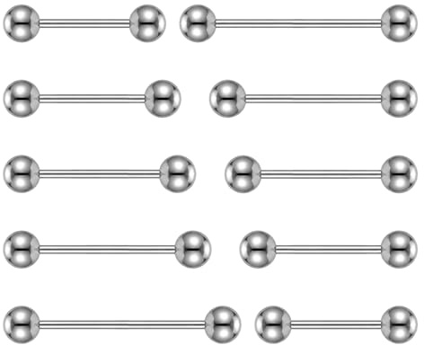 10Pcs Tongue Bar- Silver Surgical Steel Tongue Piercing Jewelry | 14G Tongue Bars, 12mm 14mm 16mm 18mm 22 mm