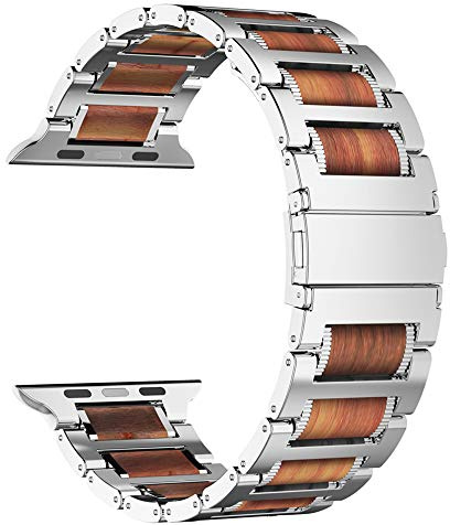 iiteeology Kompatibel med Apple Watch Ultra 2 Band 49 mm 45 mm 44 mm 42 mm, naturligt trä rostfritt stål länkarmband rem för Apple Watch serie 9/Ultra Series 8 7 6 5 4 3 2 1 – silver