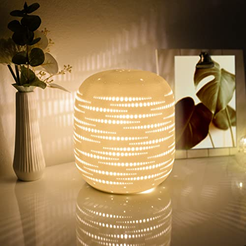 VOLIOS® Keramik Tischlampe ink. 6 Watt LED Birne I Dekolampe I Nachttischlampe I Tischleuchte weiß I beleuchtete Deko (Hemi mit Lochmuster)