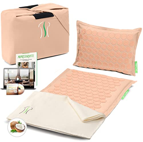 BACKLAXX ® Akupressurmatte mit Kissen, Tuch und Tasche, Akupunktur Matte mit Stacheln zur Massage und Entspannung von Nacken und Schulter, Massagematte Rücken (pastelrosé) zur Akupressur