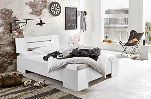 BMG Möbel Futonbett Graz in Weiß Hochglanz Holzbett Doppelbett 140x200 cm Made in Germany (Mit Rollrost)