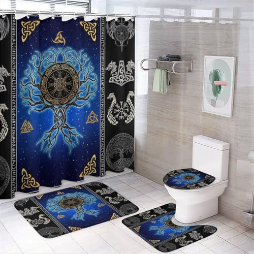 FBMLBRB Brebasf Rustic Norse Viking Dragon 4 Pieces Shower Curtain Set, Fantasy Retro Tree of Life Nordic Vikings Ancient Symbols Print Non-Slip Rugs Toilet Lid Cover Bath Mat and Bathroom Curtain