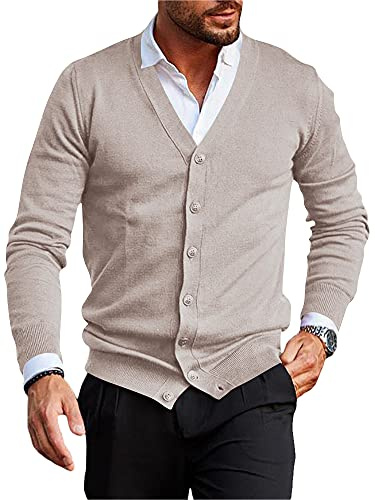 Runcati Chaqueta de punto para hombre con cuello en V sin cuello Chaqueta de punto ligera de transición, beige, M