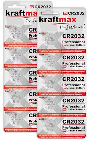 10er Pack Kraftmax CR2032 Batterie Knopfzelle / 3V CR 2032 Lithium Knopfzellen für professionelle Anwendungen