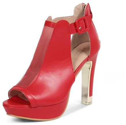 GATUXUS Women's Block Heels Cutout Ankle Booties Peep Toe Back Zipper High Heeled Sandals Dress Shoes (US8, Red)