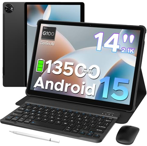 DOOGEE Tab E3 Max 14 Inch Tablet Android 15 Gaming Tablet with Keyboard, 13500mAh Battery MTK G100 Octa-Core Android Tablets 32GB RAM+256GB ROM (2TB TF), 2.1K (2160*1440), 4G LTE/5G WiFi/Widevine L1