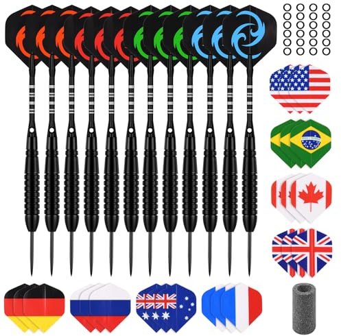 flintronic Set di 12 Freccette con Punta in Acciaio, 23g Professionali Darts Set con Antiscivolo Shafts, 36 Alette, 24 O-Ring in Gomma, Temperamatite e Custodia per Freccette