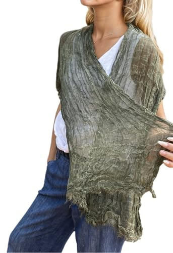 Prettystern - Pañuelo de lino con efecto arrugado unisex para mujer y hombre, T129 Verde, 185 cm X 60 cm