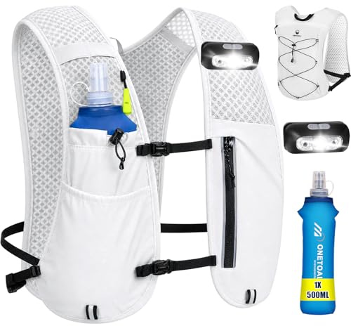 ONETOALL Gilet Hydratation Running Femme Réfléchissant avec Flasque 500 ML et Lumière LED, Gilet Course a Pied Homme Léger 170g pour Marathon, Trail, Randonnée