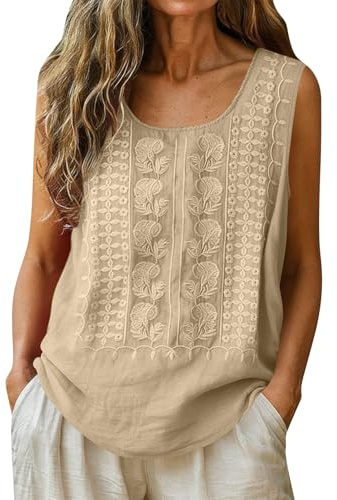 Camiseta sin mangas para mujer, de algodón liso, estilo lino, sin mangas, con tirantes anchos, para verano, informal, para vacaciones, fin de semana, uso diario