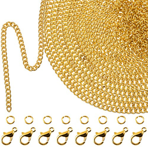 33 Piedi Oro Collana con Catena a Maglia Placcata con 30 Pezzi Anelli di Salto e 20 Pezzi Chiusure di Aragosta per Uomini e Donne Catena di Gioielli Fai Da Te (1.5 mm)