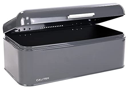 Calitek Bread Bin Storage Box Kitchen Counter Top Bread Loaf Pastries Baked Goods Container Vintage Style Coated Carbon Steel (Grey)