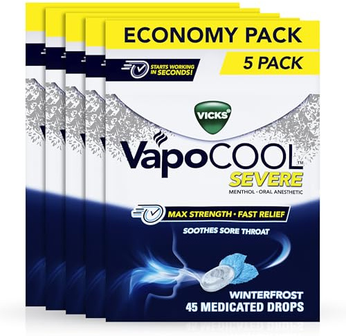 Vicks VapoCOOL SEVERE Max Strength* Menthol Cough Drop Alternative/Sore Throat Lozenge for Sore Throat Relief, Winterfrost, 5x45ct (225 total)