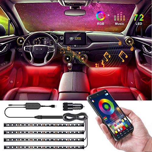 Speclux Luces De Tira para Automóviles, 4pcs 72 LED Mejora de la luz interior coche Controlado por la aplicación Bluetooth, Kits de iluminación RGB impermeables con cambio de música