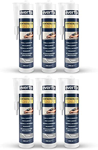 EVERFIX Montagekleber steingrau (6 Stück) für innen und außen, extra starker Kraftkleber für Metall, Holz, Fliesen, etc, Baukleber zum Kleben und Abdichten, 325 g / 290 ml