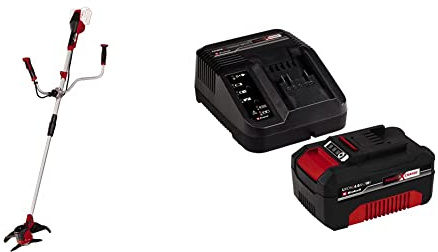 Einhell Guadaña A Baterías Agillo Power X-Change, Li-Ion, 2X18V, Motor Delantero Sin Escobillas + 4512042 - Kit con Cargador Y Batería De Repuesto De 18 V, 4 Ah, 0 W, 21 V, 4.0, Negro, Rojo