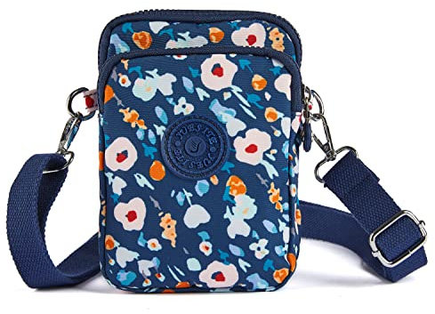 LaRechor Damen Mädchen Kleine Umhängetasche Stofftasche Handytasche zum Umhängen mit Blumen Muster, 3 Fächer und Langer Riemen