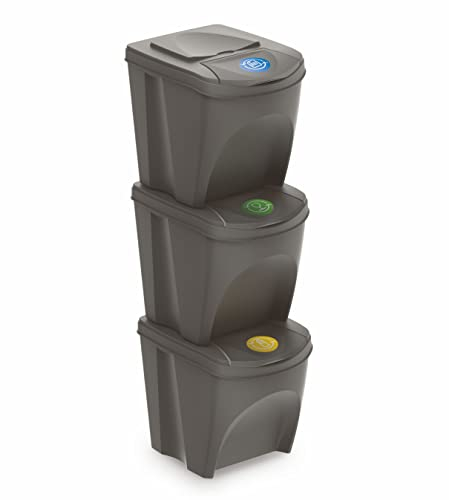 Spetebo Sortibox Lot de 3 poubelles avec couvercle, 25 l, gris pierre, système de tri des déchets empilable, avec rabat