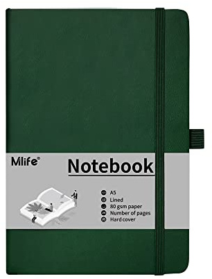 Mlife Carnet de Notes A5 Ligné, 192 Pages, Couverture Rigide Avec Bande de Fermeture Élastique et Poche Pliable- Cahier Journal en Cuir The Pro (vert)