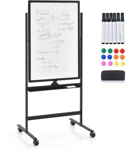 GYMAX Lavagna Magnetica con 4 Ruote, Lavagna Bifacciale con Set di Accessori, Cancellabile a Secco, Lavagna Mobile Regolabile in Altezza, per Scuola, Ufficio, Casa (60 x 90cm, Nero)