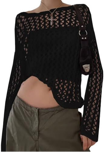 tinbarry Manches Longues pour Femme Y2K Pull en Crochet Ajouré Haut en Transparentes Tunique de Plage en Haut de Plage Tricoté D'été élégant