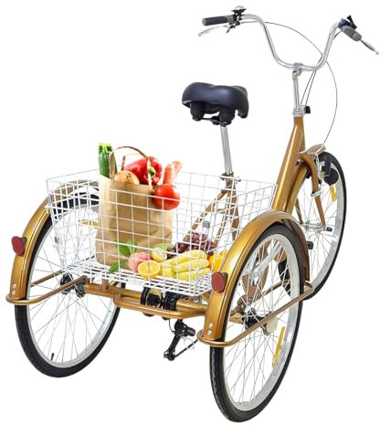 CLEADONG 24 Zoll Dreirad Für Erwachsene, 6 Gang Adult Fahrrad Mit Lichtern 3 Räder Und Korb, 3 Räder Dreirad Mit Einstellbare Kissen Und Griff Für Männer Frauen Ältere Menschen Und Erwachsene, Gold