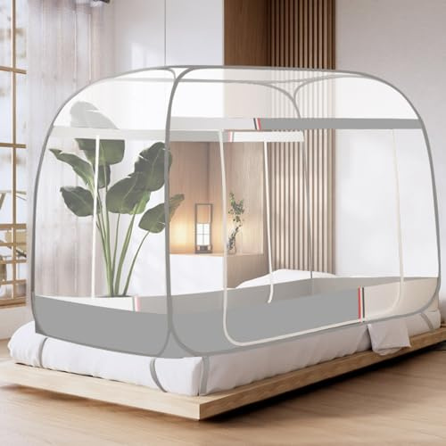 Moustiquaire de lit Pop Up, pliable, double porte, portable, pour chambre à coucher, extérieur, camping, voyage, tente de camping avec dessous pour lit adulte, 200 x 180 x 165 cm, grise