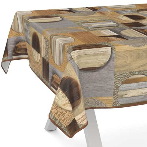 ANRO Nappe en toile cirée - Lavable - Nappe de table de jardin - Imperméable - Avec ourlet (bordé) - Bois patchwork - Marron - 200 x 140 cm