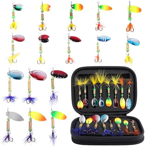 Vicloon Spinnköder-Set mit Aufbewahrungsbox, Pailletten-Spinner, Angelköder mit Haken, bunten Angelködern und Federn für Forelle, Hecht, Barsch, Lachs, 16-teilig