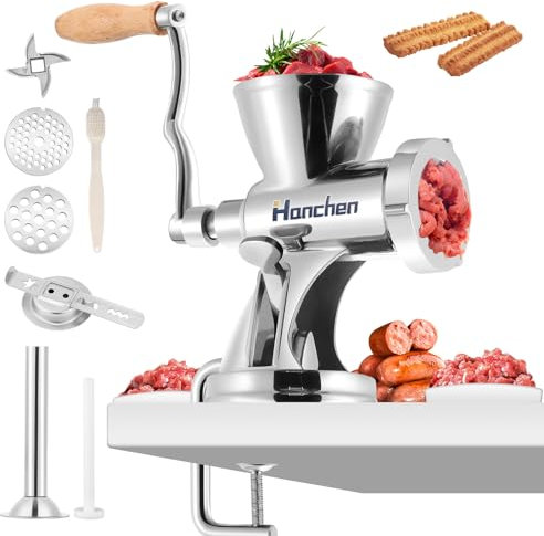 Hanchen Picadora manual de carne de acero inoxidable para uso doméstico, salchichas, accesorio para galletas, placas de corte de 5 mm y 8 mm