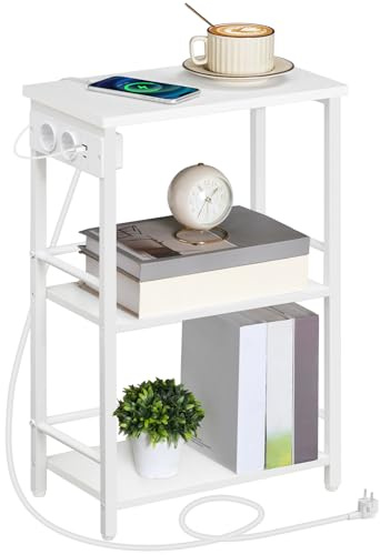 MAHANCRIS Mesa Auxiliar Estrecha con Regleta, Mesita de Noche de 3 Niveles, con Puerto USB, Puerto USB-C y Enchufes, para Sala de Estar, Recibidor, Dormitorio, Oficina, Blanco AETWT29UE01