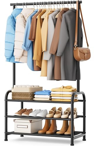 MISSLO Sturdy Clothing Racks for Hanging Clothes with 3 Shelves Garment Rack Heavy Duty Clothes Rack with Shoe Storage for Coats, Garment, Dress, Black