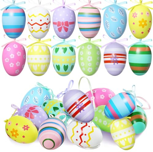 Ovetti Pasquali Decorativi, 24pcs Uova di Pasqua Decorative da Appendere, uova Colorate per Albero, Carine e Graziose, Facili da Appendere e Robuste