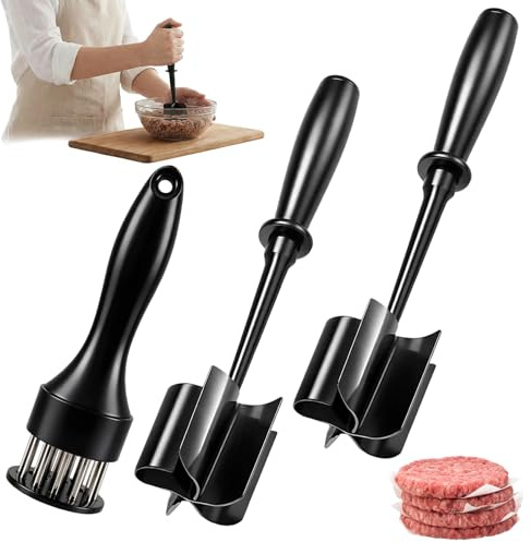 3-teiliges Set Hackfleisch Zerkleinerer, für Fleisch und Hähnchen, Küchenutensilien mit Kartoffelstampfer, Schwarz 16-Nadel Handheld Fleischzartmacher für Kochbedarf