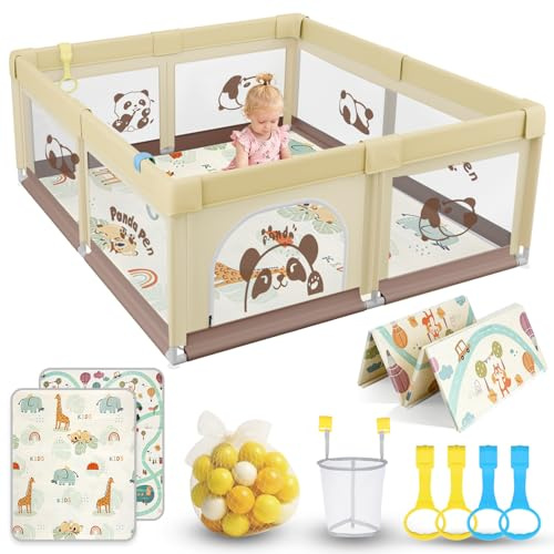 SOFTHOM Parque Infantil Bebe 150x180 con Alfombra, Corralito Bebe con 360° Malla Transpirable+Tela Oxford+Base Antideslizante+60 bolas+4 agarraderas+Canasta de Juego+Bolsas de Transporte, Panda beige