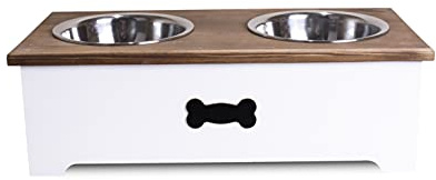 Luxury Dog Food Feeding Stand Station Stainless Double Raised Bowls Wooden Crate (White, Large)