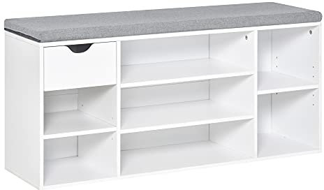 HOMCOM Shoe Bench with Seat Cushion Shoe Storage Cabinet with 7 Compartments Drawer Adjustable Shelves for Entryway Hallway Living Room, White