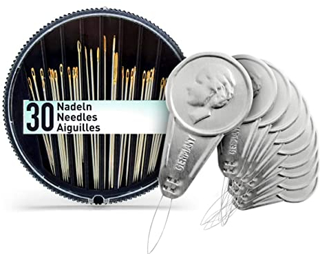 Nadelset mit 30 Nadeln in verschiedenen Stärken und Längen, stabil und vielseitig beim Nähen per Hand einsetzbar + 10 klassische Einfädler aus Metall