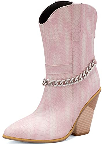 CuteFlats Dam vintage cowboy knähöga stövlar med kilklack och spetsig tå, Rosa1, 44 EU