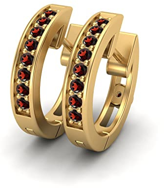 Runder Granat aus massivem 925er Sterlingsilber Januar Geburtsstein Huggie Hoops kleine Ohrringe für Damen (Gold-Vermeil)