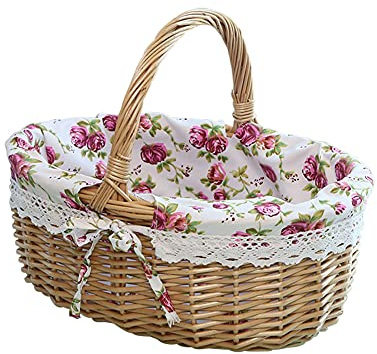 URFEDA Panier de pique-nique en rotin tressé avec anse tressée à la main - Panier de Pâques - Panier de rangement pour la maison, le camping, le jardin, 26 x 13 x 28 cm