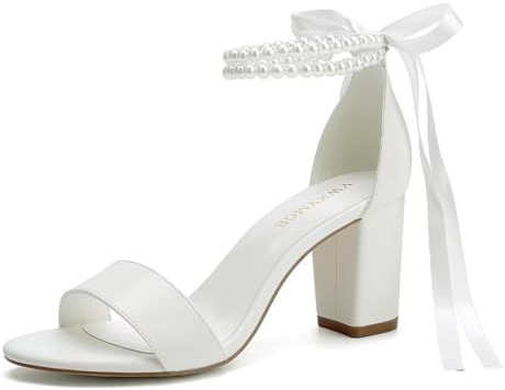 YWXYMGE Block Heel Wedding Shoes for Bride Women Chunky Heeled Sandals Pearl Bridal Shoes-Ivory-8
