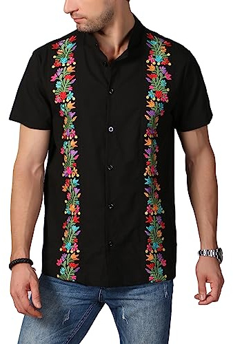 Mexican Shirts for Men Traditional Embroidered Guayabera Button Up Short Sleeve Dress Shirt for Fiesta Cinco de Mayo Outfit Authentic Camisa Style para Hombre Mexico Black Floral