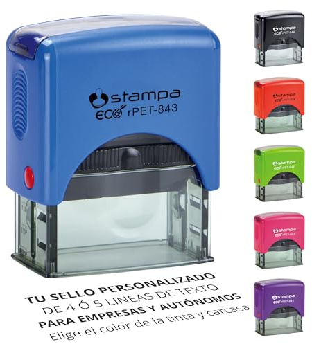 STAMPA | Sello Empresa Personalizado | Sello automático | de Caucho y Tinta incluida | para 4 líneas de texto | Sellos para Empresas | Ecológico (46x16 mm., Azul)