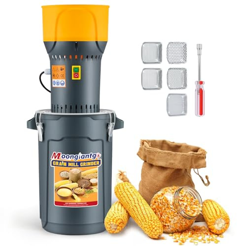 Moongiantgo Moulin à Céréales Électrique 1300W Moulin à Grains et Épices, Broyeur à Graines, Seau et Trémie Amovibles de 25L, avec 5 Tamis de Différentes Finitions et 1 Clé à Douille (25L)