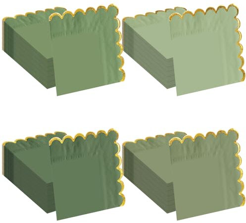 FALIZIFU Lot de 50 serviettes en papier festonnées double plis avec feuille d'or - 12,7 x 12,7 cm - Vert sauge
