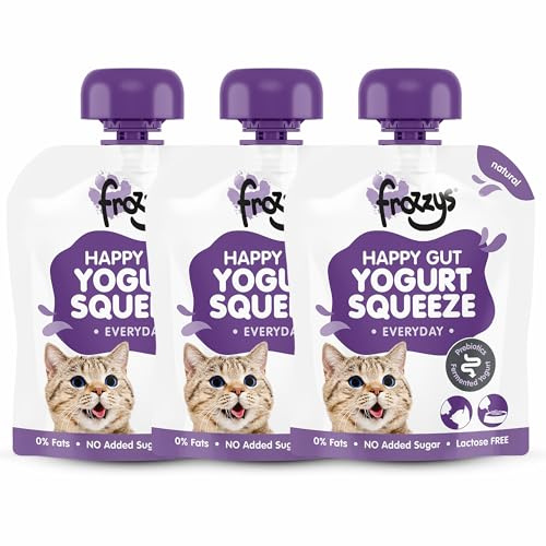 Frozzys Cat Yogurt Squeeze | Healthy, Lickable Cat Treat | 0% Fat, No Added Sugar, Lactose Free Cat Milk Yogurt Treat | Prebiotic Yoghurt for Cat Food, Lick Mats & Enrichment Toys | 3 x 85g Pouches