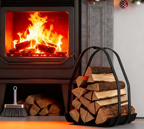 Kingson Cesta de leña para chimenea, soporte de leña de metal recubierto de polvo negro con asa, 36 x 35 x 48 cm, marco y base de hierro, paquete plano, requiere montaje