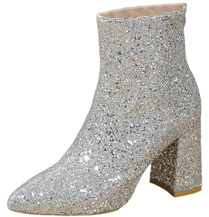 KBOPLEMQ Botines de lentejuelas para mujer con cremallera, botas de invierno con purpurina, botas cortas, botines monocromáticos, para traje regional, para mujer, semibotas, zapatos festivos, botas de