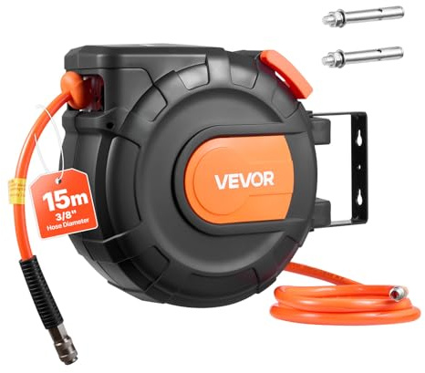 VEVOR Enrouleur Tuyau Air Comprimé 15 m x 9,5 mm Dévidoir Tuyaux Compresseur Air Pression Max 20,7 bar Enrouleur Fermé Automatique Tuyaux PVC, Fixation Plafond Mur Pivotante 180°, Tuyau d'Arrivée 1 m